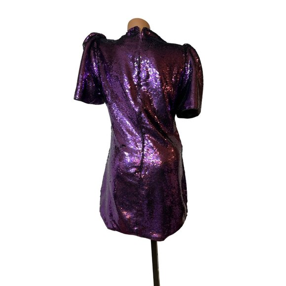 Purple Sequin Party Dress L Puff Sleeve Holiday Cocktail Glam Sparkle Mini - Picture 2 of 5
